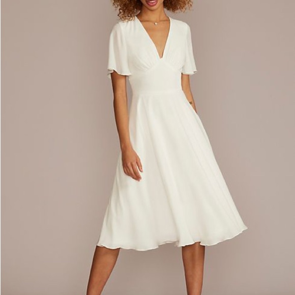 David’s Bridal chiffon midi / tea length wedding dress